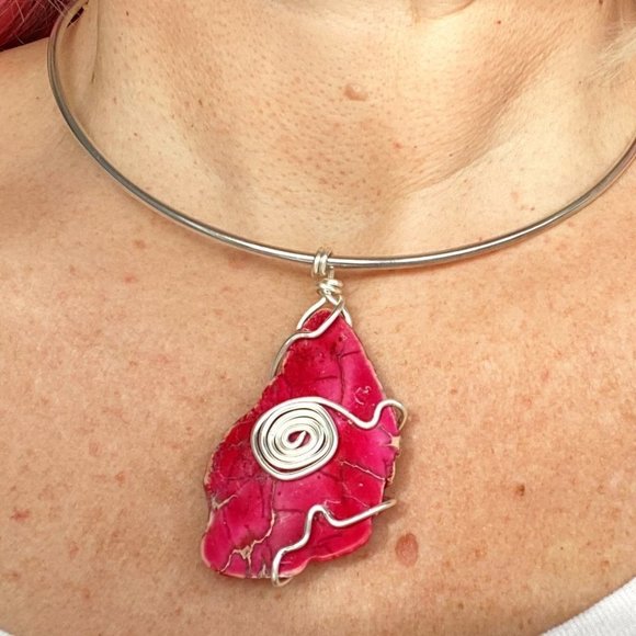 Pink Jasper Chunk Wire Wrapped Pendant Handcrafted - Picture 1 of 4